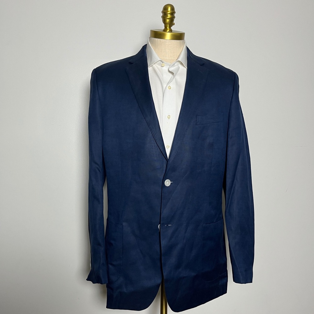 Lauren Ralph Lauren Sport Coat Mens 44L Navy Blue Silk Linen Slim Fit Blazer